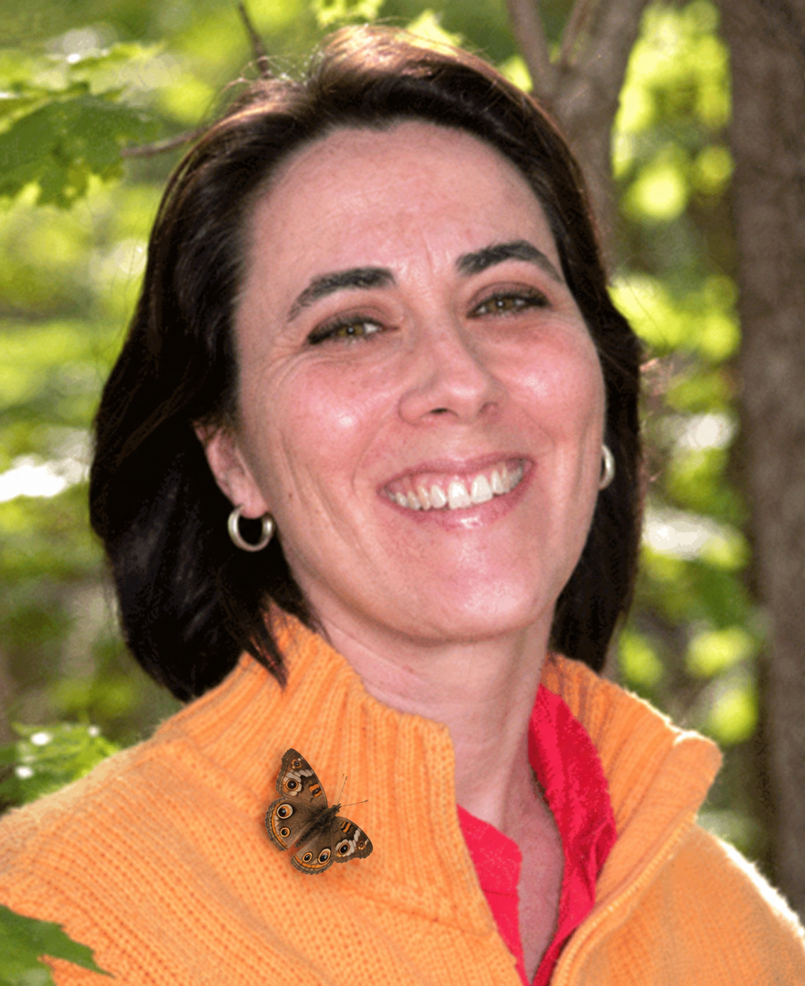Professor Antónia Monteiro with an illustrative eyespot butterfly added to her sweater