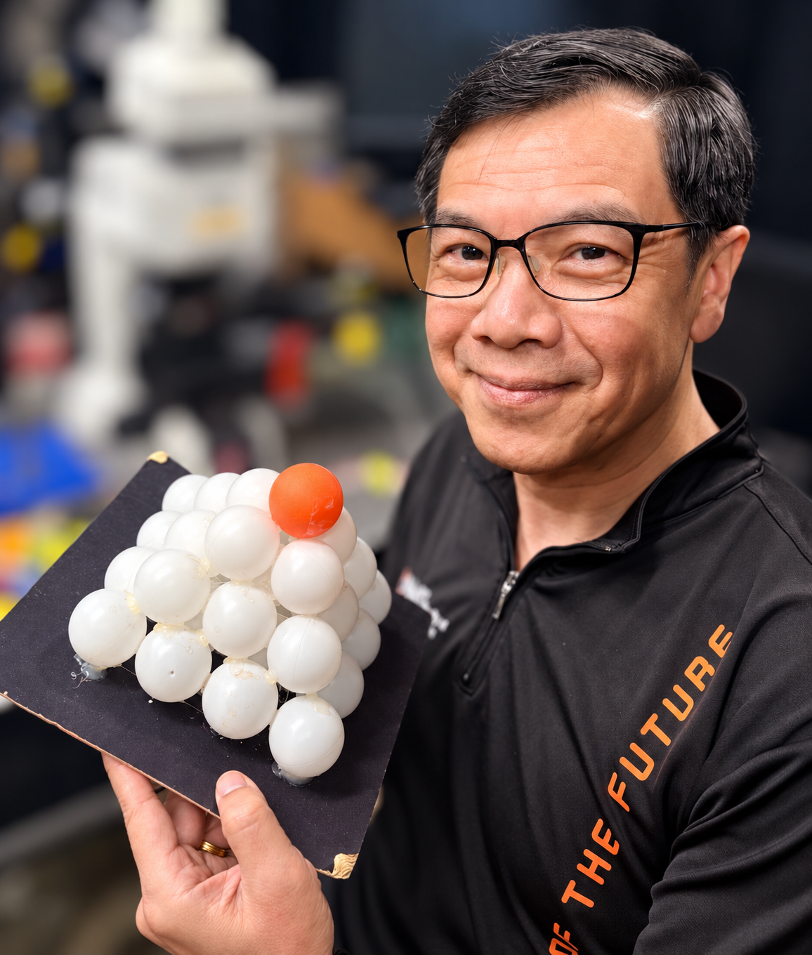 Professor Sow Chorng Haur holding a molecular model